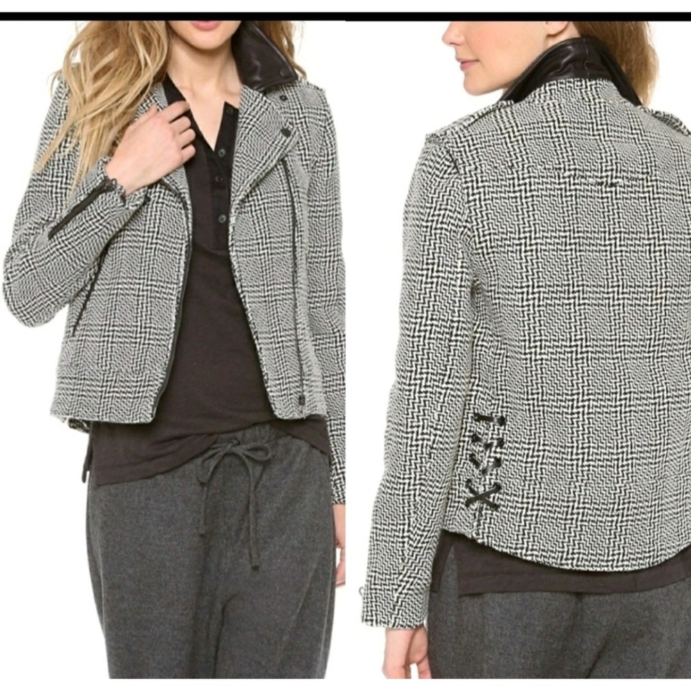 Rag & Bone Bowery Tweed Moto Jacket Black White Houndstooth Leather Trim Size 8
